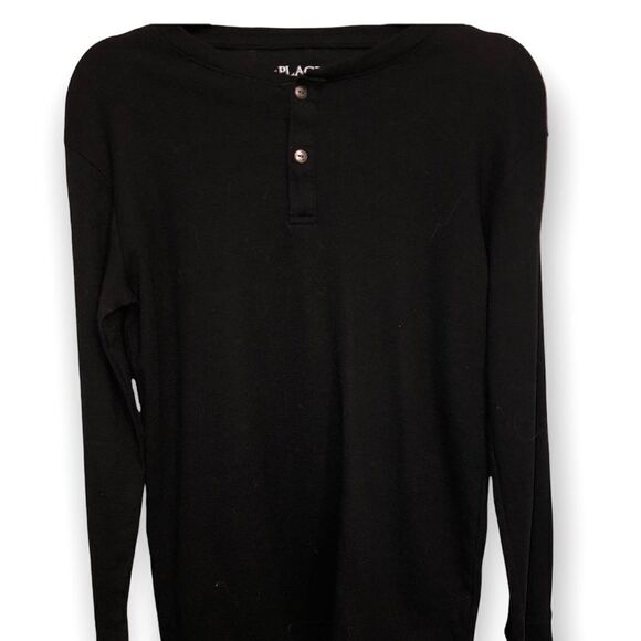 Black waffled Place Long sleeve shirt with two silver buttons at boat neck. - Picture 1 of 5